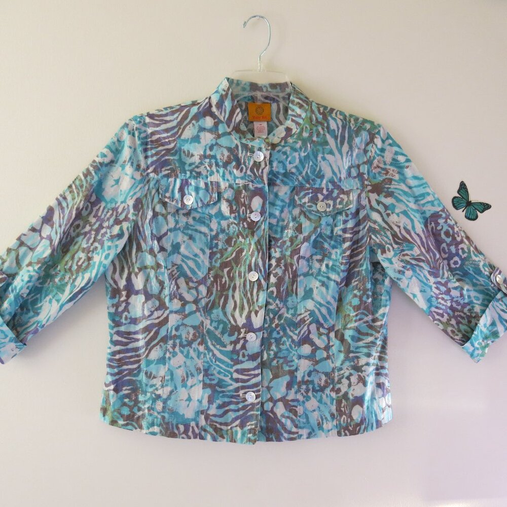 Ruby Rd. Cotton Blend Blue Teal Brown Metallic Sheen Animal Print Blouse Size 16